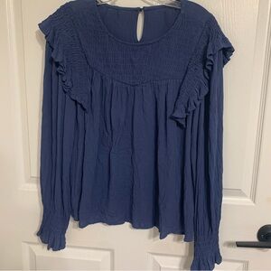 Womens Ruffled Long-Sleeve Peasant Top - Navy Large Casual Feminine Romantic